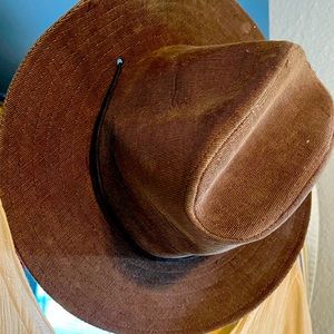 Brown corduroy cowboy hat, generic brand, fits woman’s s/m, a lot of fun!